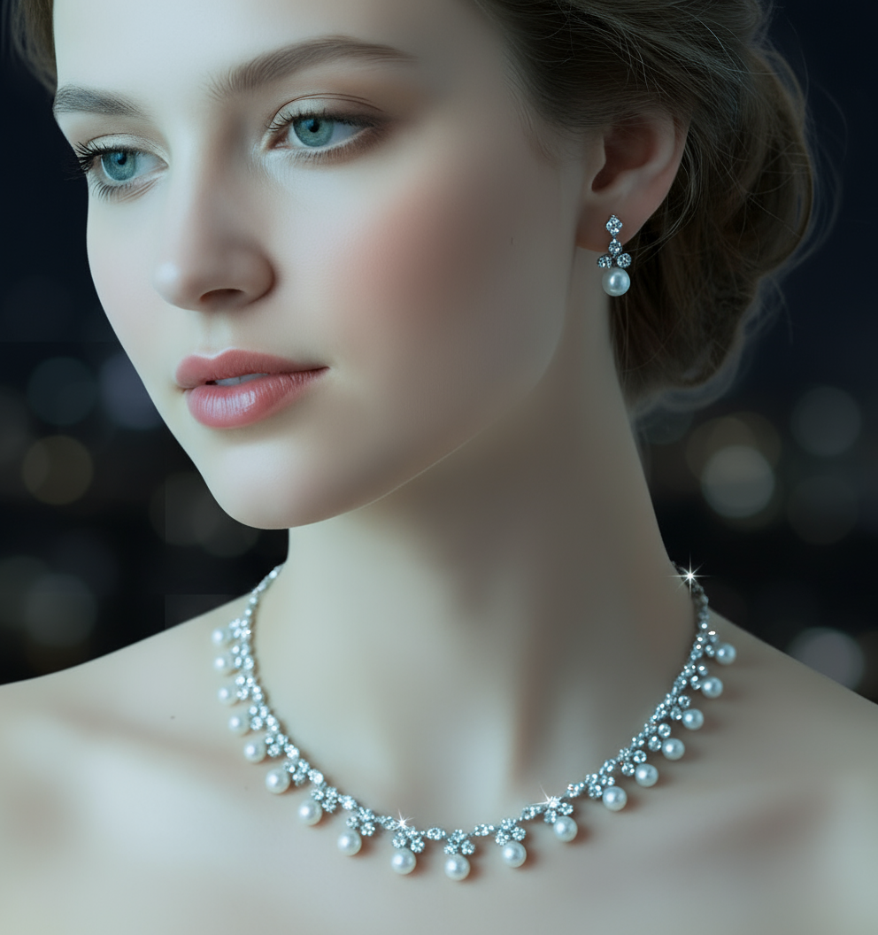 Graceful pearls and diamond jewelry Set
