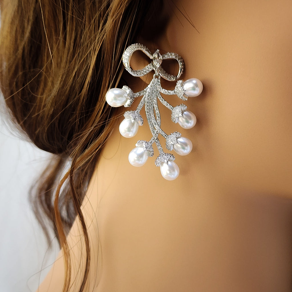 Glowing Ribbon Pearl Bridal Earrings
