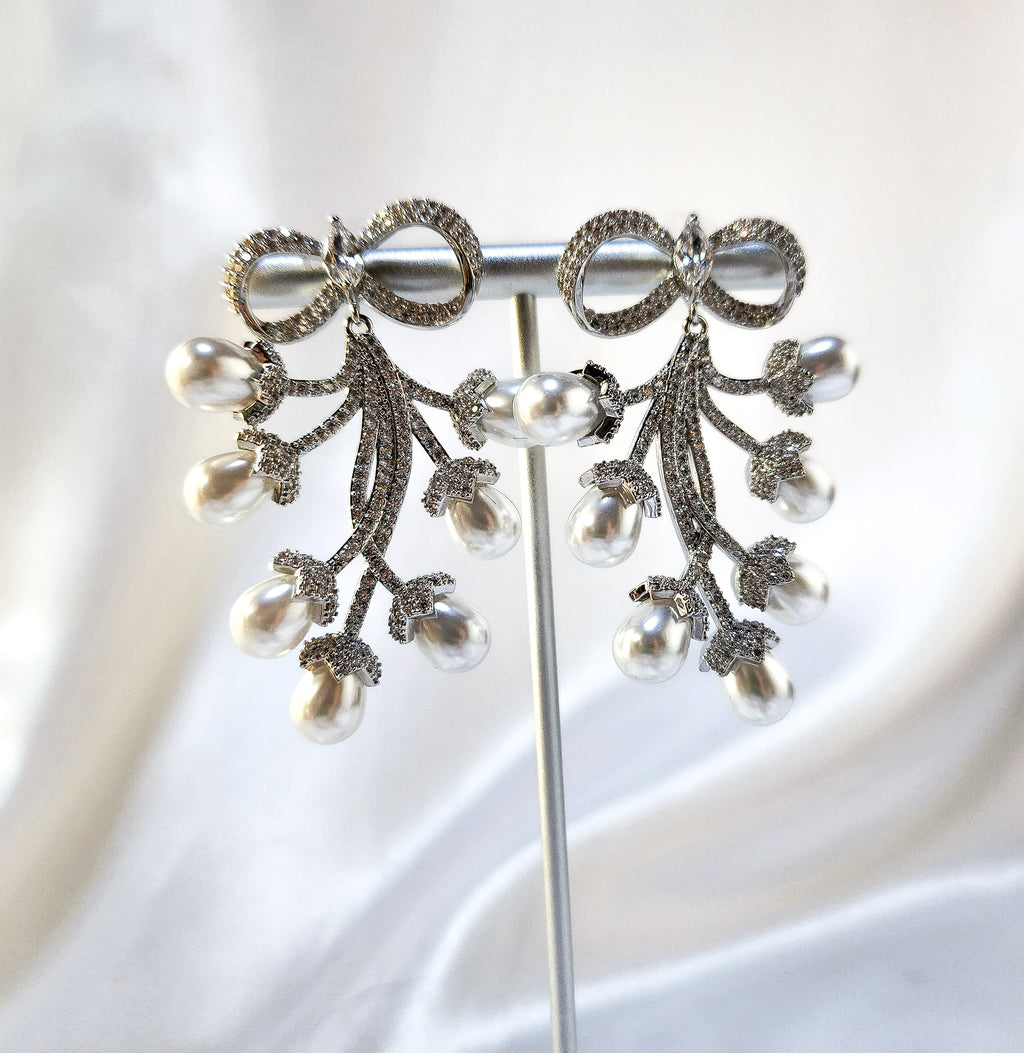 Glowing Ribbon Pearl Bridal Earrings