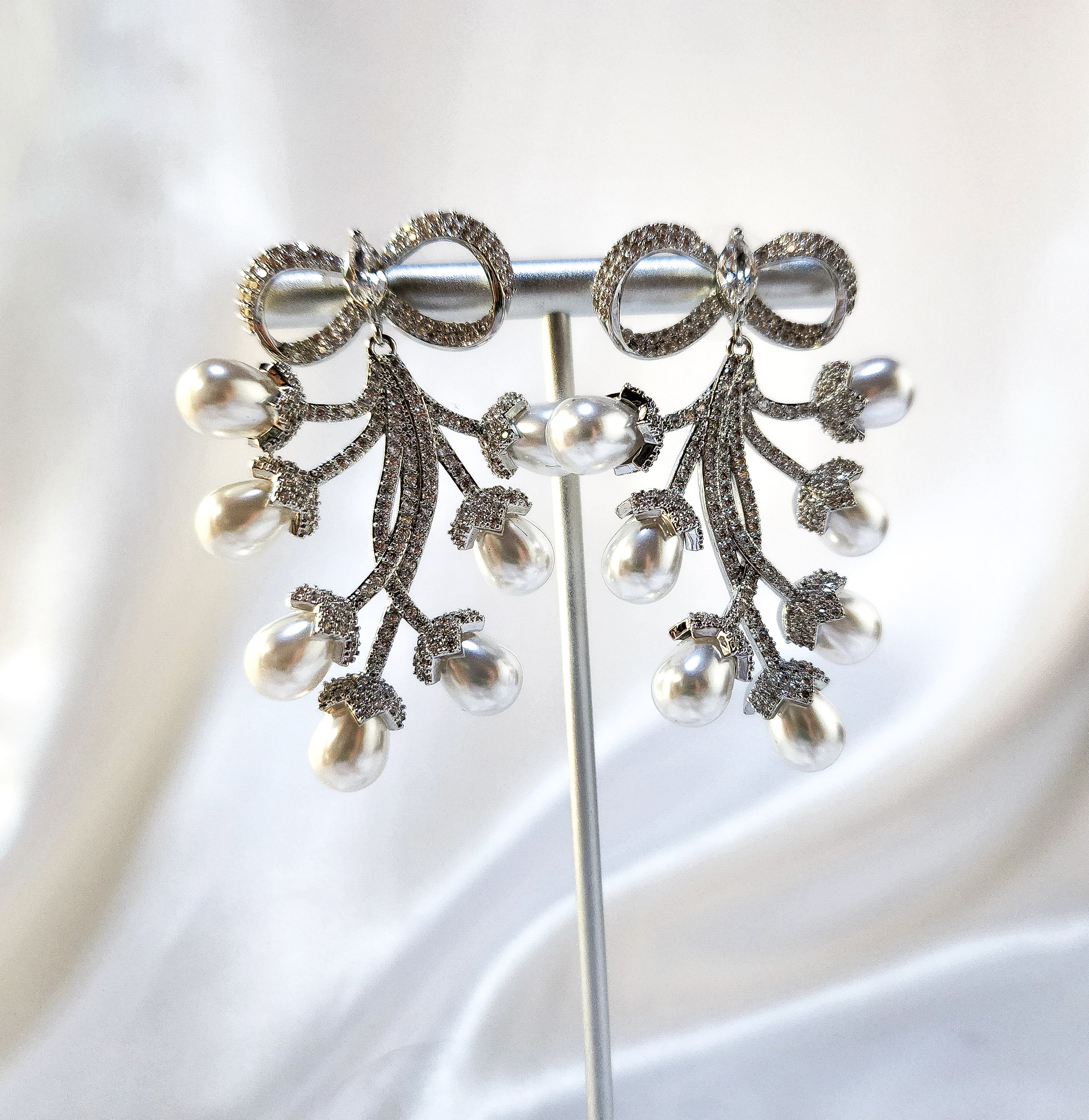 Glowing Ribbon Pearl Bridal Earrings