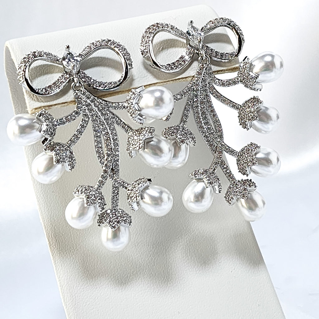 Glowing Ribbon Pearl Bridal Earrings